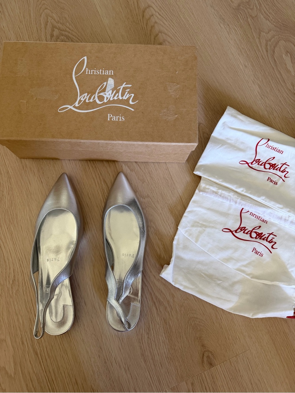 Christian Louboutin Metallic Silver Pointed Slingback Flats